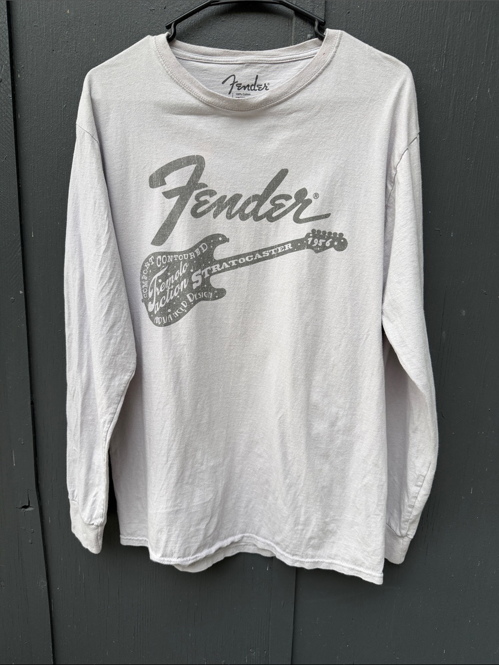 Fender White Long Sleeve Tee with Grey Guitar Graphic